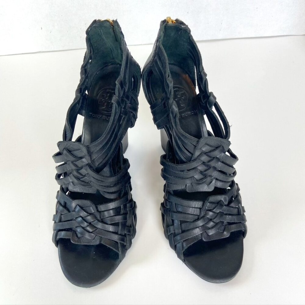 Tory Burch Sexy Black Woven Leather Wedge Sandals Sz 7